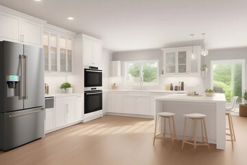 Modern smart home interior featuring connected appliances such as a smart fridge, oven, and coffee maker