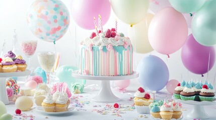 Artistic white background with a gorgeous birthday cake, colorful balloons, and scrumptious desserts, creating a lively and festive scene