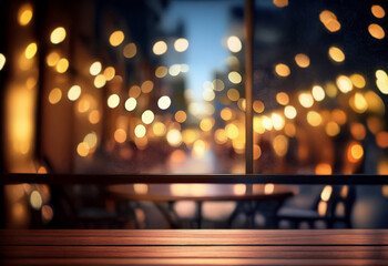 A wooden table with a blurred background of a city street with festive lights.