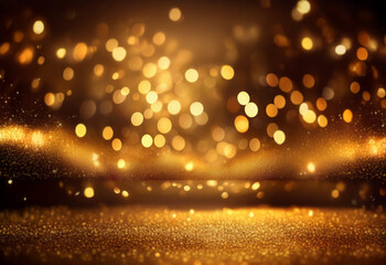 A dark background with a shimmering layer of golden glitter and out-of-focus golden lights.