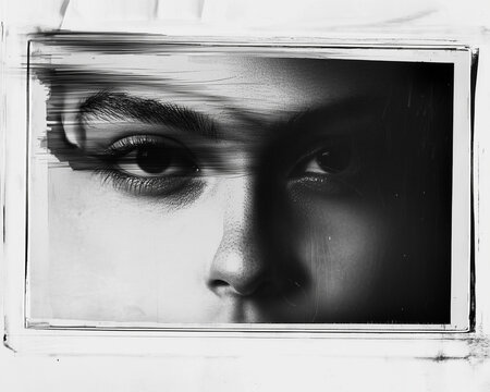 Polaroid-Style Close-Up Black and White Portrait of a Woman with a Mysterious Expression and Abstract Background
