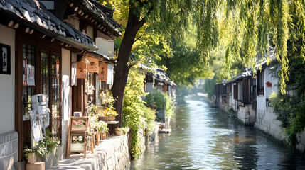 Obraz premium Exploring the serenity of a korean ancient river town adorned with willow trees and traditional architecture
