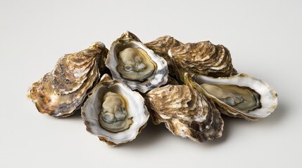 Artistic white surface displaying a cluster of fresh oysters, focusing on the vibrant freshness and natural invertebrate features of the seafood