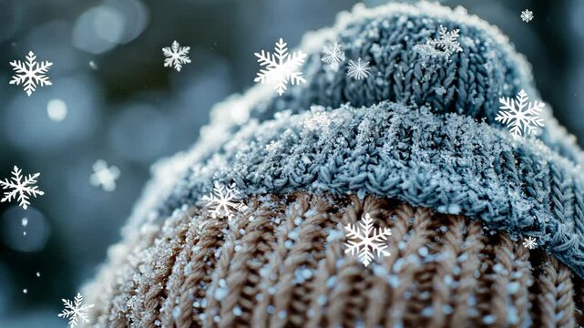 Close-up of snowflakes caught in a woolen hat, with the fine texture of the wool contrasting with the crystalline snow. . Video