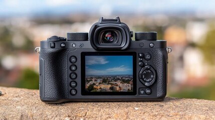 Modern Camera Displaying Urban Skyline View