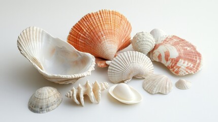 Artistic white surface displaying a single clam and assorted seashells, highlighting their unique features and the natural charm of these ocean finds