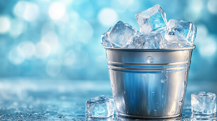 silver bucket filled with ice cubes, glistening under soft light, creates refreshing and cool atmosphere. Perfect for summer gatherings or parties