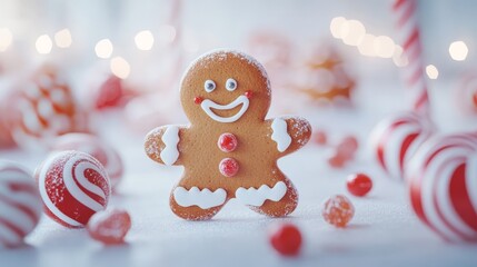 Obraz premium Artistic white surface displaying a whimsical gingerbread Christmas dessert with a cheerful expression, surrounded by festive candy decorations