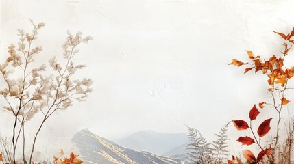 Artistic white surface displaying peaceful autumn tree art and subtle plant elements, evoking a sense of fall tranquility