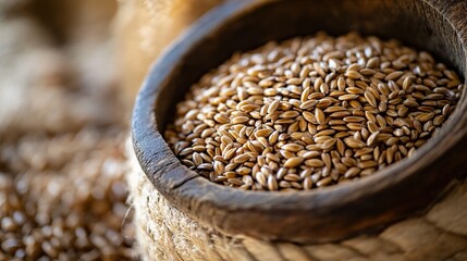 Obraz premium Close-Up of Spelt Grains in a Wooden Bowl