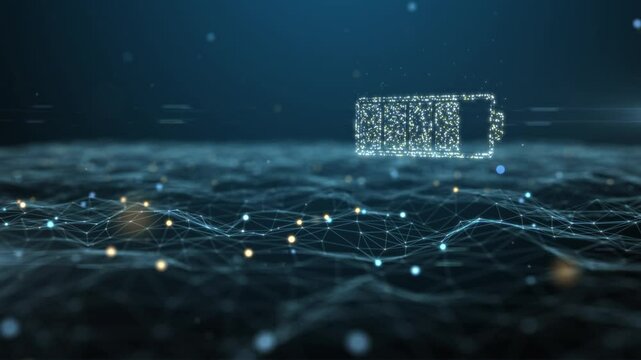 Battery technology energy storage point grid on blue background