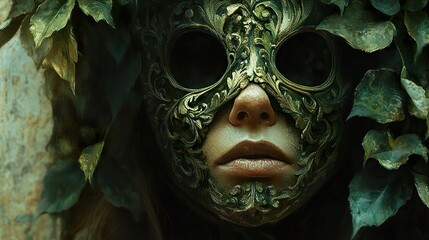 Mysterious Woman in a Green Mask Surrounded by Leaves