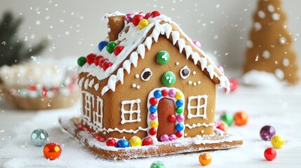 Artistic white surface highlighting a cute gingerbread house decorated for Christmas, with snowy elements and festive holiday candy