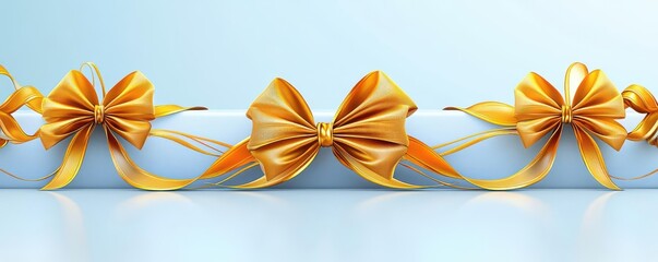 Cheerful holiday layout with multiple golden bows and decorations, reflective surfaces, Studio lighting, Realistic Photography, high detail