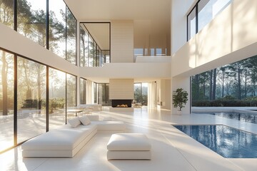 Fototapeta premium Modern Minimalist Interior Design with Pool and Fireplace