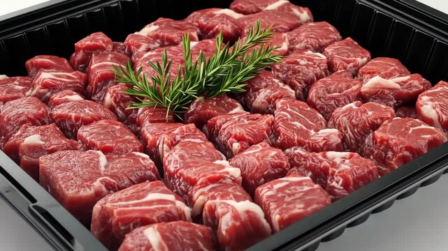 Blank plastic beef tray with black and white label mockup Video