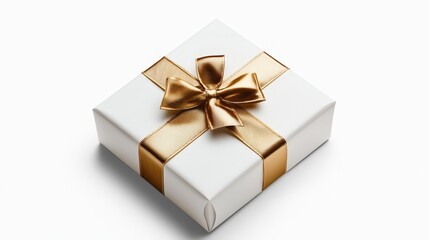 Obraz premium Beautiful gift box with a glossy gold ribbon set against a pristine white background