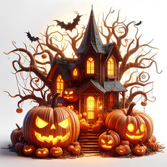 Obraz premium Spooky Halloween Haunted House with Pumpkins isolated on white background, png element