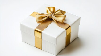 Obraz premium Beautiful gift box with a glossy gold ribbon set against a pristine white background