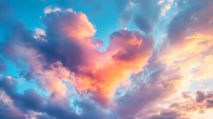 Obraz premium Beautiful heart-shaped clouds dance across the sky, blending blue and light pink colors, creating a picturesque view filled with warmth and affection