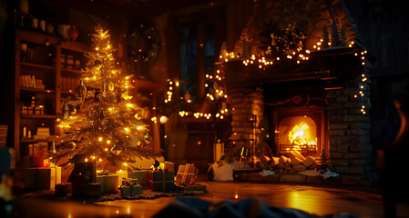 Obraz premium Christmas Interior: A festive scene featuring a glowing Christmas tree, fireplace, and gifts in a cozy dark setting.