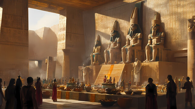 A scene of sumerian priests conducting a religious ceremony in a ziggurat temple, with large statues of gods and offerings of food and pottery. Sumerian Ziggurat. Illustration