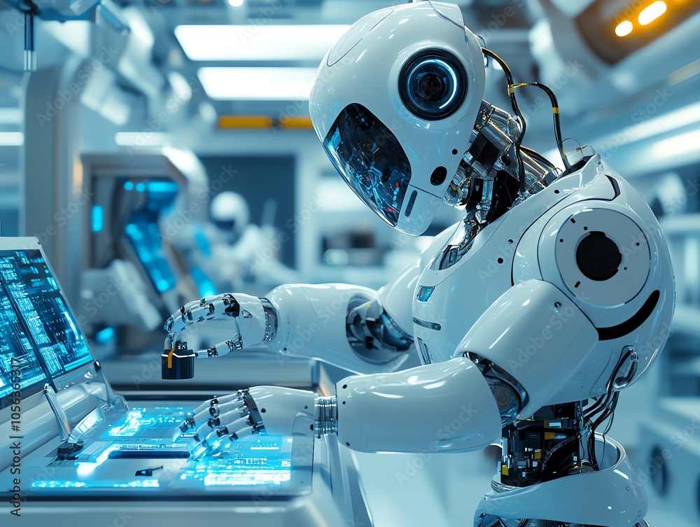 Aufkleber a humanoid robot in a futuristic laboratory setting, working on a computer with glowing blue screens