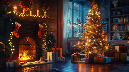 Christmas Interior: A festive scene featuring a glowing Christmas tree, fireplace, and gifts in a...