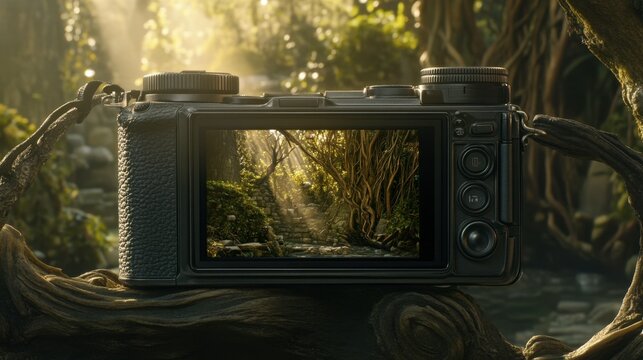 Camera in Nature with Pathway and Sunlight