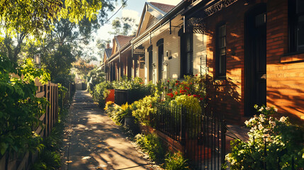 Fototapeta premium Sunlit Alleyway with Houses and Lush Greenery - Photo