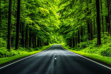 Fototapeta premium Scenic Country Road Through Lush Green Forest Under Clear Blue Sky - Tranquil Nature Landscape
