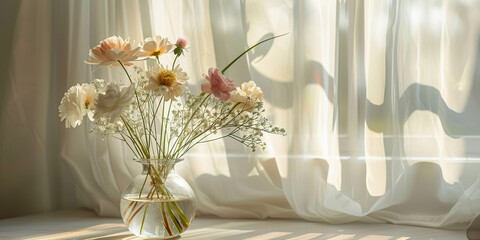 A simple floral arrangement in a glass vase near natural light with soft curtains