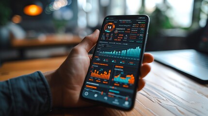 Futuristic mobile device displaying a detailed digital dashboard with various data visualizations analytics and statistical information for business intelligence and strategic planning