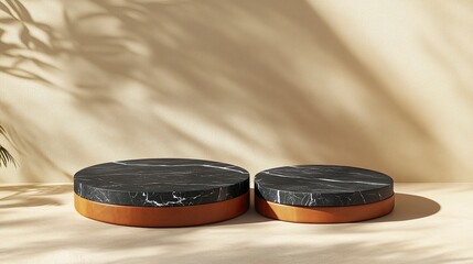 one bigger one smaller sticked together round black tone marble slabs with leather material base podiums for product presentation ,beige tone background, generative ai