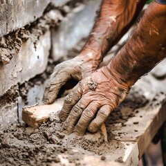 Closeup of the weathered calloused hands of a hardworking construction worker digging into the muddy soil at a building site