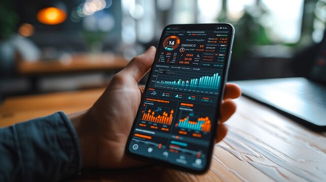 Futuristic mobile device displaying a detailed digital dashboard with various data visualizations analytics and statistical information for business intelligence and strategic planning