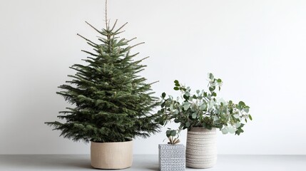 Clean white backdrop highlighting a traditional Russian Christmas tree and a seasonal box plant