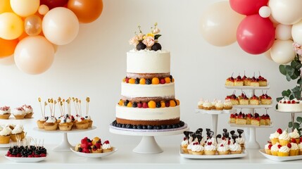 Clean white backdrop showcasing a festive birthday cake, lively balloons, and tempting desserts, reflecting the joy and excitement of a party