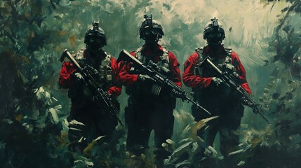 Three Soldiers in the Jungle: A Powerful Military Painting