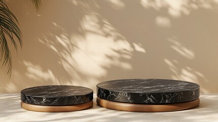Obraz premium one bigger one smaller sticked together round black tone marble slabs with leather material base podiums for product presentation ,beige tone background, generative ai