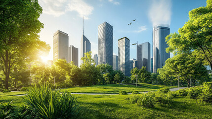A vision of tomorrow exploring a futuristic cityscape embraced by nature's greenery
