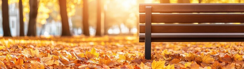 A serene park scene featuring a wooden bench surrounded by vibrant autumn leaves and soft sunlight filtering through trees.
