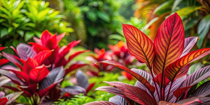 Vibrant red leaves of copperleaf plant in a lush tropical garden, botanical, foliage, vibrant, red, Acalypha wilkesiana, vibrant