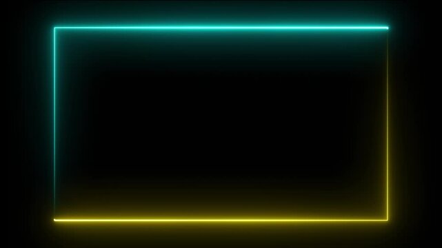 Beautiful square neon light line yellow and sky blue split black background
