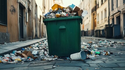 Fototapeta premium Overflowing trash container and discarded waste and litter scattered across an abandoned and neglected city street