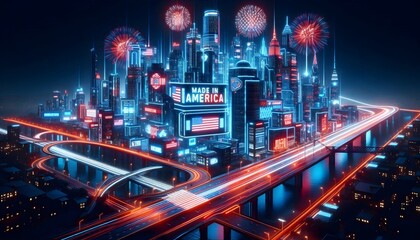 A 3d rendered glowing futuristic American city, where innovation and pride shine through every corner. Skyscrapers, bridges, and streets illuminated in neon red, white, and blue lights. Billboards.