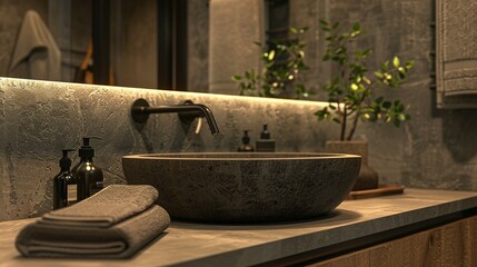 Modern Bathroom Vanity with Stone Sink and Towel