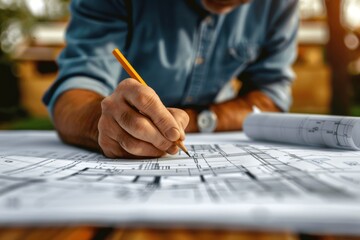 Architect reviewing construction blueprints outdoors, focusing on design details at project site, showcasing expertise and precision