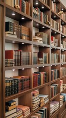 Luxurious traditional home library featuring a dark wooden bookshelf fully stocked with antique literature and illuminated by warm, subtle LED lighting.