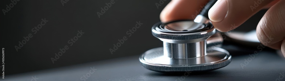 Wall mural closeup of a hand pressing down on a stethoscope during a lung exam, lung check, medical assessment